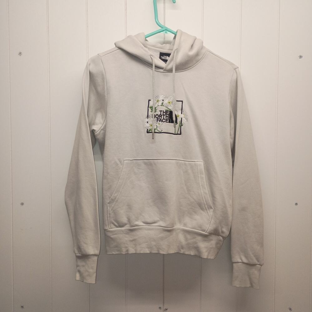 The North Face Womens XS Floral Embroidered Logo Hoodie Sweatshirt Cream White
